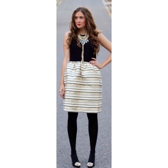 J. CREW Cupcake Fit & Flare Cocktail Party Dress Metallic Gold Black Stripe Silk - Picture 9 of 15